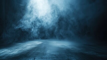 A dark, foggy room with a single light source illuminating the floor.