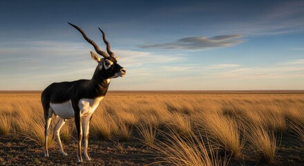 Majestic blackbuck antelope standing proudly in golden grassland savanna wildlife nature photography