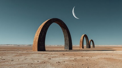 Fototapeta premium Three ancient stone arches in a vast, barren desert landscape with a crescent moon in the sky.