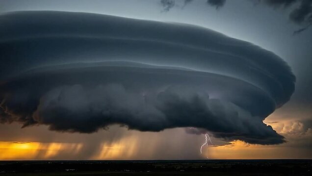 Dramatic Supercell Storm Cloud Formation Over Plains Landscape.