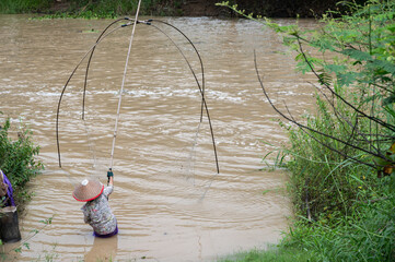 Local Thai woman using a square dip net for scooping fish from water. These traditional tools, prominent in Thailand's.