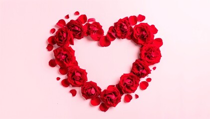A vibrant heart shape crafted from lush red roses, each bloom intricately arranged, set against a pristine white background for striking contrast.