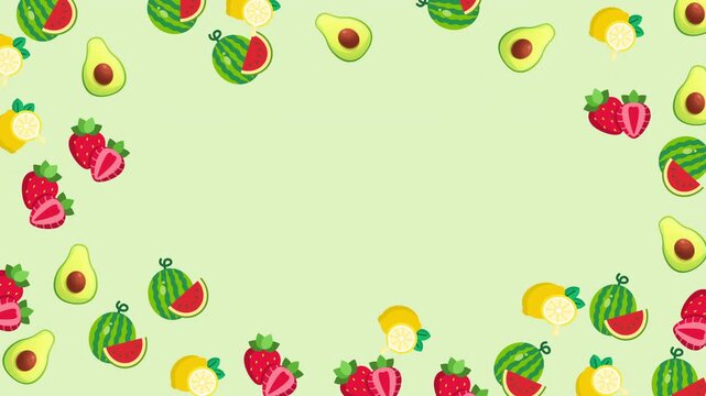 Seamless fruit border background with watermelon, avocado, strawberry, and lemon on soft green. Perfect for summer themes, food design, posters, invitations, and healthy lifestyle concepts.