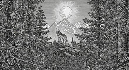 Wolf howling at moon in mountain forest engraving style nature scene wildlife illustration landscape art