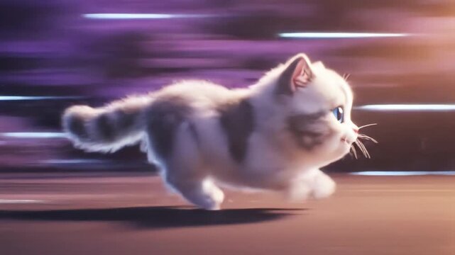 Energetic kitten running swiftly on a gradient background, a dynamic animation frame showcasing speed and agility in a playful setting