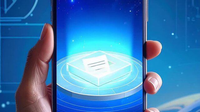 Hand holds smartphone displaying digital ballot box with glowing ballot paper on screen, blue background