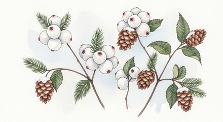 Winter snowberry pinecone watercolor illustration botanical art nature christmas holiday season drawing art design
