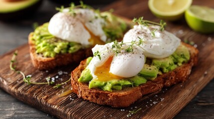 Three avocado toast with poached eggs on a wooden cutting board with fresh herbs and lemon slices in the background.