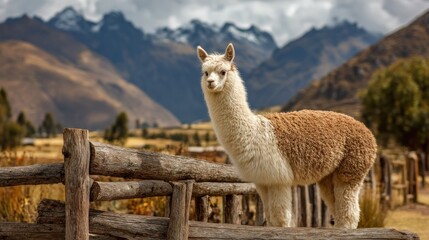 Fototapeta premium A llama standing on a wooden fence with a mountain range in the background.