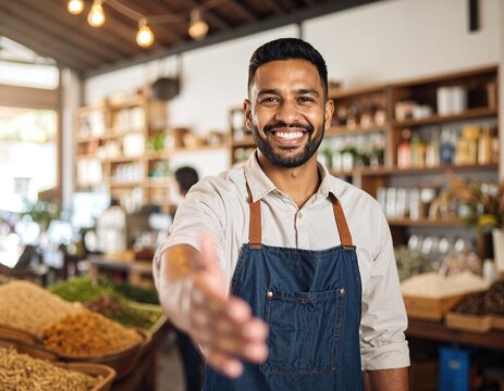 A cheerful man wearing a colorful apron stands confidently, pointing directly at the camera with a friendly smile, inviting viewers to join him.