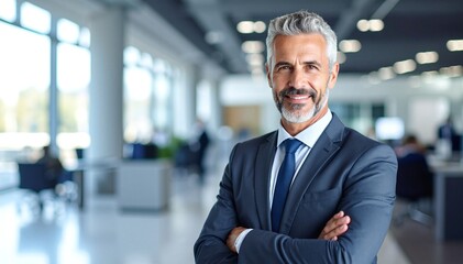 A confident man in a tailored suit and tie stands with his arms crossed, exuding professionalism and poise against a neutral background.