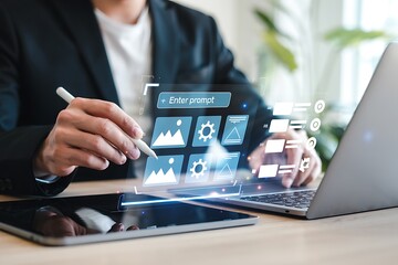 SGE, Search Generative Experience concept. Person using laptop with AI Landing Page builder generation tools. Create a website with AI powered web design.