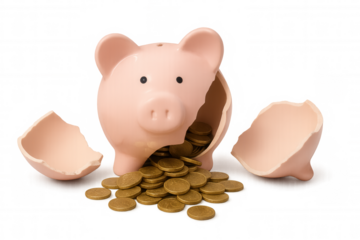Broken piggy bank releasing savings and investment coins, symbolizing financial loss and economic crisis, transparent background