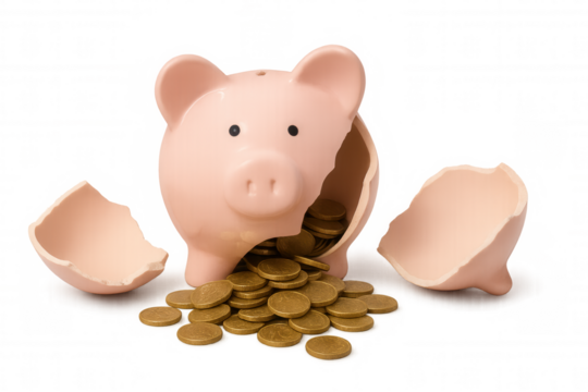 Broken piggy bank releasing savings and investment coins, symbolizing financial loss and economic crisis, transparent background - Powered by Adobe