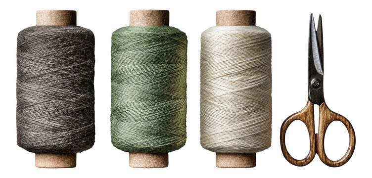 Three Spools of Thread in Natural Colors with Scissors on Transparent Background