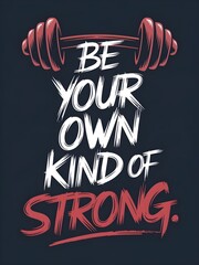 Empowering typography artwork of the quote Be your own kind of strong, flexed dumbbell icons, dark red tones