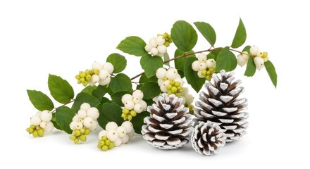Snowberry pinecone winter christmas holiday decoration white background nature botanical still life beauty