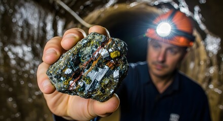 Miner shows unique ore, symbolizing raw material discovery and resource future