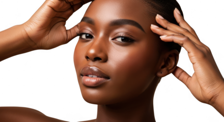 Closeup portrait of confident young woman with glowing skin isolated on transparent background