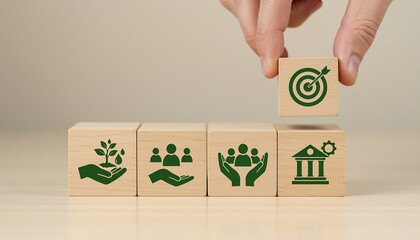 Wooden blocks representing ESG principles environment social governance and sustainable development