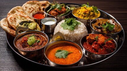 A colorful Indian thali plate with a variety of dishes, including rice, lentils, and curry