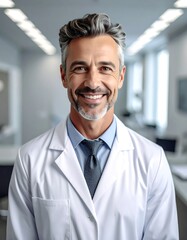 Portrait of a smiling, middle-aged man with salt and pepper hair in a white lab coat