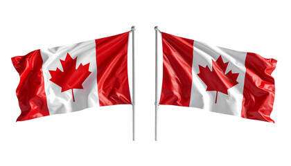 Two realistic waving Canadian flags, isolated on transparent background