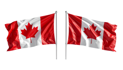 Two realistic waving Canadian flags, isolated on transparent background
