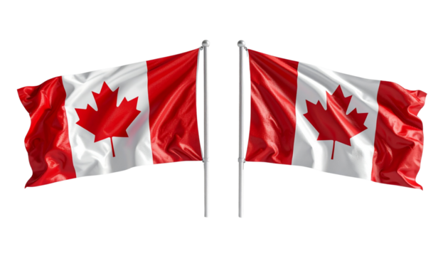 Two realistic waving Canadian flags, isolated on transparent background