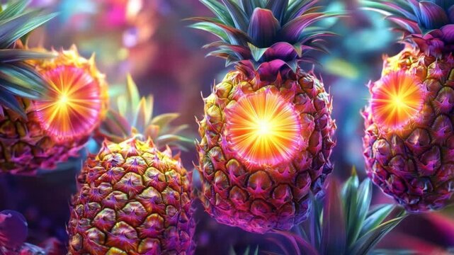 Vibrant pineapples with glowing centers against a colorful background