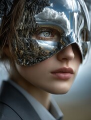 Surreal fine-art portrait of a person wearing a reflective silver mask covering the face, liquid reflections revealing another world, dreamlike landscape in pearl white and deep indigo