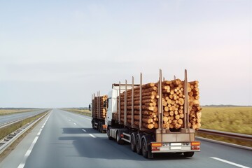 Naklejka premium Logging truck with trailer loaded with cut timber logs driving on an empty highway, transporting wood to mill