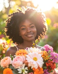 Portrait of a smiling woman with big hair, holding colorful flowers in a sunlit garden