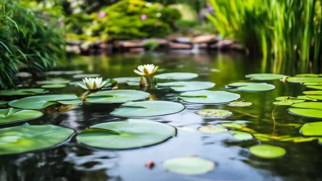 Lily pads and flowers float on a calm pond with lush green foliage