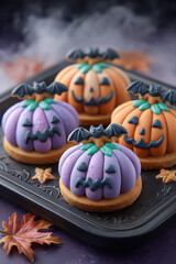 Halloween pumpkin cookies with bat decoration on black tray