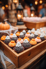 Halloween cupcakes with ghost and pumpkin decorations in wooden box