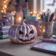 Iridescent Halloween pumpkin decoration with purple stationery desk