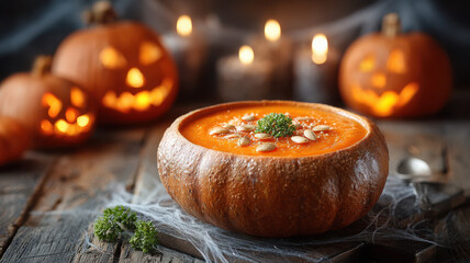 Pumpkin soup in hollowed pumpkin with seeds and parsley