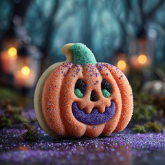 Halloween pumpkin shaped cookie with colorful sugar sprinkles