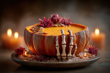 Halloween pumpkin bowl with soup and skeleton hand decoration
