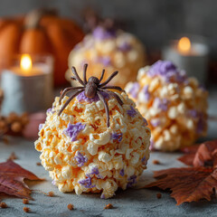 Halloween popcorn ball with spider decoration and autumn leaves