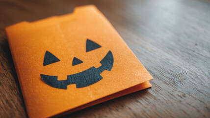 Halloween card with pumpkin face wooden table creating festive mood