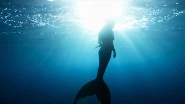 A Dreamlike Underwater Journey of a Mermaid Swimming Through the Deep Blue Sea