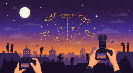 Night Scene of People Taking Photos of Fireworks with Cameras Against City Skyline and Full Moon