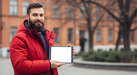 A man with a beard in a red jacket holds a tablet with a blank screen outdoors.