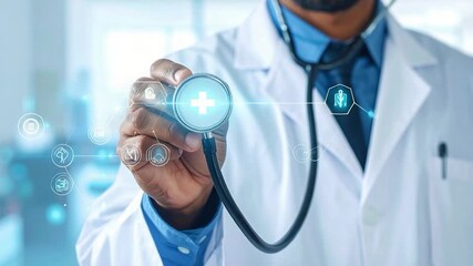 Doctor holding stethoscope with glowing medical cross. Digital health icons link in a futuristic healthcare setting - Powered by Adobe