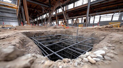 Construction Site Foundation Excavation with Reinforcement Steel Bars