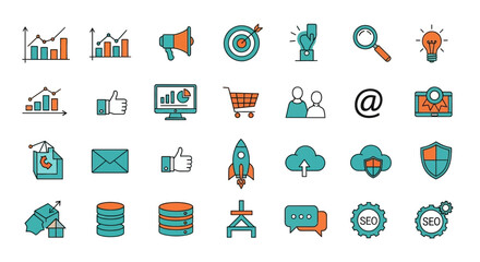 Obraz premium A vibrant collection of digital marketing and analytics vector icons for web design_transparent.svg