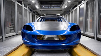 Bright Blue Sports Car Shell in Modern Automotive Factory Setting