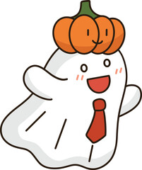 A cartoon ghost with a tie and a pumpkin on his head.